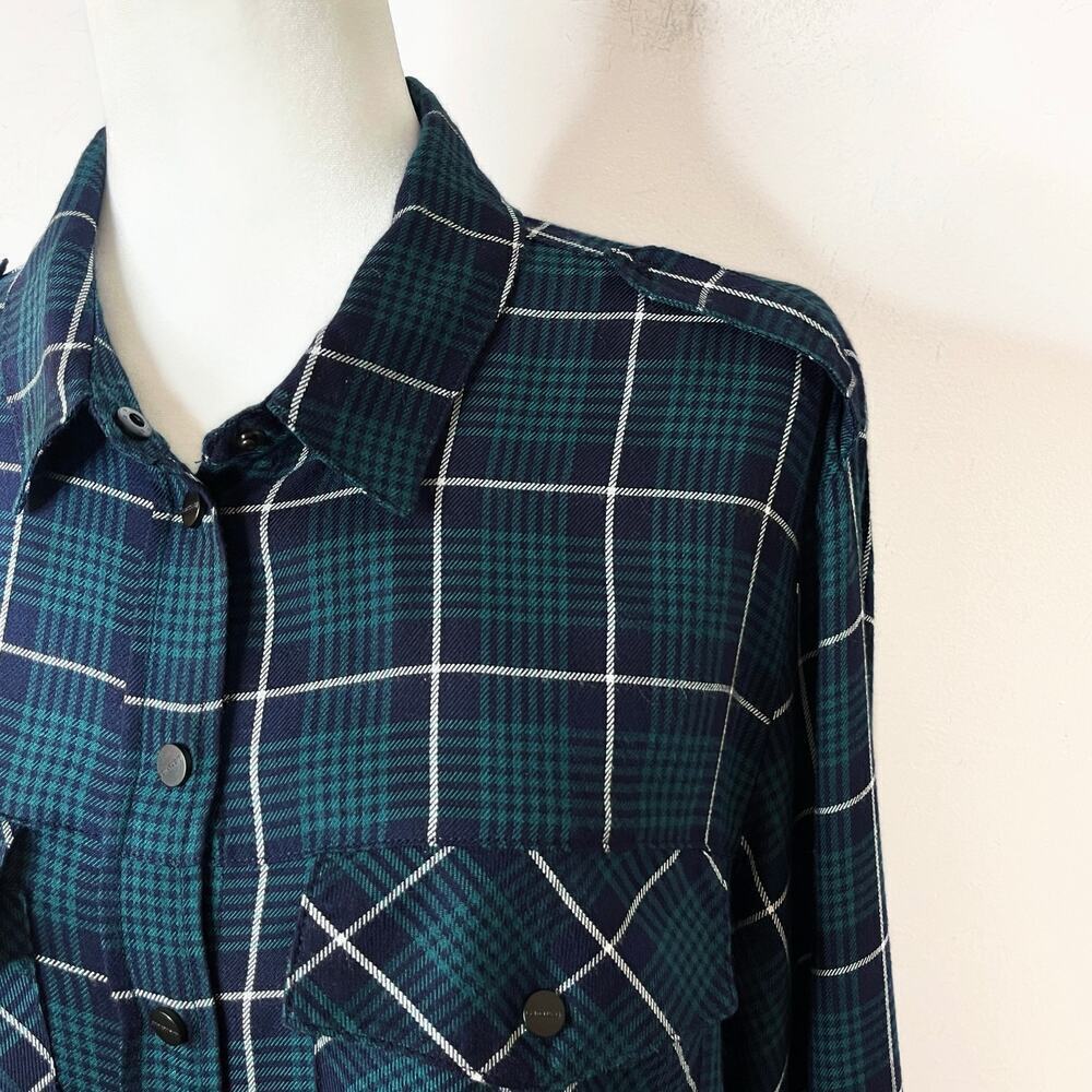 Sanctuary Women's Boyfriend Fit Shirt M Green & Blue Plaid Snap Button Up Rayon - Picture 3 of 9